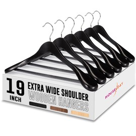 HOUSE DAY 19'' Extra Wide Shoulder Wooden Hangers 6 Pack, Premium Large Wood Suit Hangers with Non Slip Pant Holder, Wide Shoulder Hangers for Suits, Coats, Jackets, Heavy Wide Clothes Hanger, Black