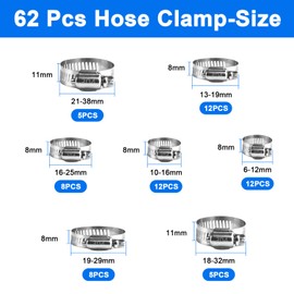 304 Stainless Steel Hose Clamps Assortment Kit, 62Pcs 1/4-2 in (6-38mm) Adjustable Worm Gear Pipe Hose Clamps, Fuel Line Hose Clamps Heavy Duty for Plumbing, Automotive, Washing Machine, Mechanical