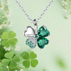 LEXLUNE 4 Leaf Clover Necklace For Women, Sterling S925 Silver Four Leaf Shamrock Necklace Jewelry, Green Emerald May Birthstone