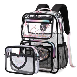Clear Backpack for Girls,Transparent Backpacks Crossbody Bag for Kids Elementary School Student,Heavy Duty See Through Daypack 2PCS Bookbag Stadium Approved for Teen,College,Work,Travel,Concert Black
