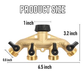 Hourleey Brass 4 Way Heavy Duty Garden Hose Splitter, Water Hose Splitter for 3/4" Hose Connector, Hose Faucet Splitter Hose Spigot Adapter 4 Valves with 4 Rubber Washers & Tape