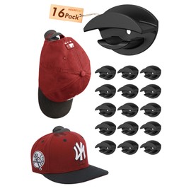 HOUSE DAY Adhesive Hat Hooks for Wall 16 Pack, Strong Hat Rack for Baseball Cap Display Organizer, Hats Holder for Wall, Door, Closet, No Drilling, Black