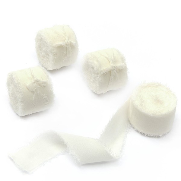 4 Rolls 1"W x 5Yd Cream Handmade Fringe Chiffon Silk