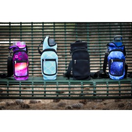 BlankIt! Concepts Kisa Water Bottle Holder Carrier Flask Bottles Adjustable Shoulder Hand Strap 2 Pocket Sling Neoprene Sleeve Hiking Travel 16oz 17oz 20oz 24oz 25oz 32oz 40oz (Black)