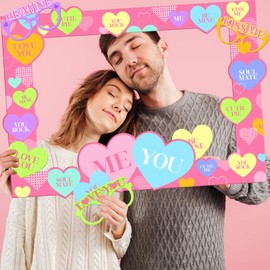 Valentines Day Photo Booth Props, Pink Romantic Valentine’s Day Selfie Photo Booth Picture Frame and Conversation Hearts Valentines Photo Props for Valentine’s Day Wedding Party Favors Decorations