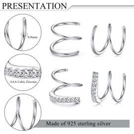 Kakonia 2Pairs 925 Sterling Silver Twist Wrap Spiral Earrings for Women Double Hoop Climber Cuff Earrings Hypoallergenic Tiny CZ Cartilage Twist Piercing Earrings