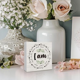 KFXHANGD Christian Inspirational Wooden Box Sign Desk Decor, Motivational Desk Decor, Bible Verses Decorative Signs Decor for Office Living Room, Christian Religious Home Shelf Desk Decor 5x5 Inch