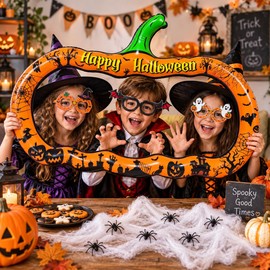 Halloween Inflatable Pumpkin Photo Frame with Spider Web and 6 Fake Spiders