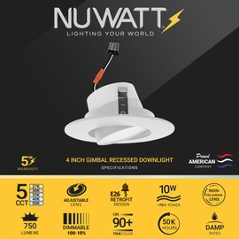 NUWATT 4 Inch Recessed Gimbal Downlight, Dimmable, 10W, 750 Lumens, 120V, 5CCT: 27K/30K/35K/40K/50K, CRI >90, ETL Listed, White Finish