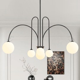 Black Sputnik Chandelier,6 Lights Modern Chandelier for Dining Room Mid Century Chandelier Large L49” Ceiling Pendant Light Fixtures with Milk Glass Globe Shades for Foyer Living Room Kitchen Island