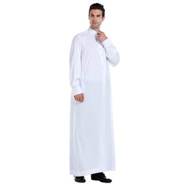 Men Arabic Long Sleeve Pure Color Thobe Crew Stand Collar Kaftan Robe with Button