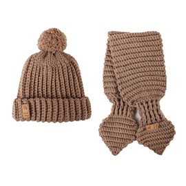 OCCIENTEC Knitted Hat and Scarf Set, Winter Beanie Pompom Hat Warmer Scarf 2 in 1 Set, Brown 1
