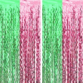 Cyxevous Green Pink Tinsel Curtains, Wavy Foil Fringe Curtain Photo Booth Foil Curtain Backdrop Green Pink Theme Birthday Party Backdrop 2 Pcs 3.2 inch × 6.6 inch