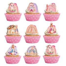 Gyufise 24Pcs Happy Easter Cupcake Toppers Glitter Rainbow Rabbit Bunny Cupcake Picks Decorations for Happy Easter Day Spring Theme Baby Shower Kids Birthday Party Supplies