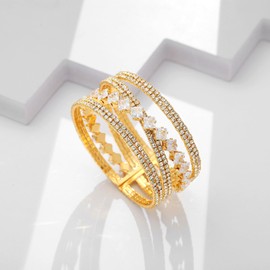 WOWORAMA MultiLayer Crystal Cuff Bracelet for Women Brides Wide Chunky Gold Bangle Bracelet Adjustable Rhinestone Wedding Bracelet for Party Prom