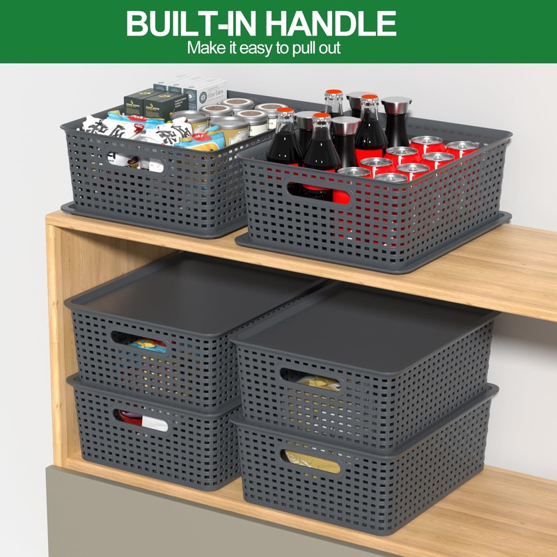 Idotry Plastic Storage Baskets with Lids, Organizer Bins, 6-Pack, Gray