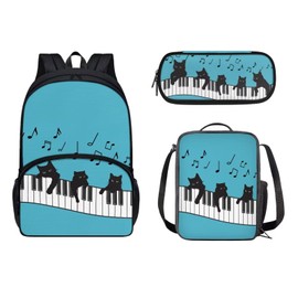 Annejudy Black Cat with Music Notes Print School Backpack for Boys Girls with Lunch Box Pencil Case Teens Kids Bookbag Kindergarten Elementary Middle School Bag 3 in 1