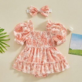 mlpeerw Summer Baby Romper Bubble Jumpsuit Princess Baby Girl Smocked Dress+Headband Summer Clothes Outfit (Strawberry Pink, 12-18 Months)