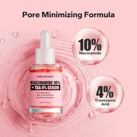 SilkyShark Suero de niacinamida (1 onza líquida), 10% niacinamida + 4% suero de ácido tranexámico, sueros faciales para minimizar los poros, manchas o