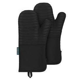 Beneno Oven Mitts, Heat Resistant Kitchen Oven Mitts with Non-Slip Silicone Stripes, Long 14.3" Cuff with Wide Opening Design, Quilted Cotton Terry Lining Comfortable & Flexible to Use, 2Pcs Black