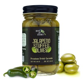 Green Jay Gourmet Jalapeno Stuffed Olives – Stuffed Green Olives for Cocktail Garnish & Cheese Board Recipes – Dirty Martini Olives & Cocktail Olives – Gourmet Olives – All Natural – Large – 16 Ounces