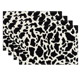 Black and White Cow Print Mats Set of 4 Waterproof Placemats, Vintage Washable Placemats, Heat Resistant Non-Slip Place Mats for Indoor Outdoor Decoration, Dinner Kitchen Party Holiday Décor-011