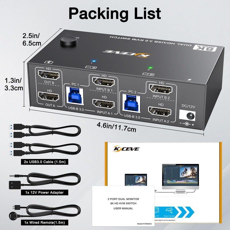 8K HDMI KVM Switch 2 Monitors 2 Computers 8K@60Hz 4K@144Hz,