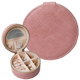 Generic Luxury Vegan Crocodile Leather Round Jewelry Box with Mirror, Travel Jewelry Case, Travel Jewelry Organizer, Jewelry Box for Women and Girls, Small Jewelry Organizer (Sofr Pink)