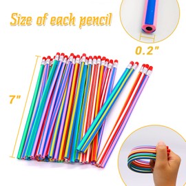 Qyyiguf 40 Pcs 7 Inch Flexible Pencils,Soft Novelty Pencil,Multi Colored Striped Soft Pencil with Eraser for Kids Gift
