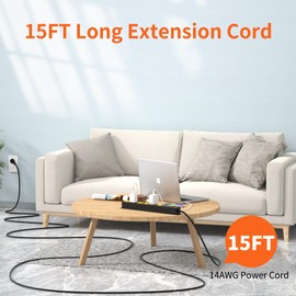 Power Strip 2700J Surge Protector, Heavy Duty Power Strips with 15FT Long Cord and Flat Plug, Wall Mountable Metal 6 Outlet Strip for Desk, Garage, Workbench and Kitchen