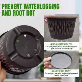 Usocik 4 Pack 10 Inch Retro Plant Pots, Vintage Striped Flower Pots with Drainage Hole & Saucer, Large Plastic Planters for Indoor and Outdoor Plants, Decorative Garden Pots(Copper)