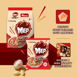 MEP Garlic and Clam Flavor, Instant Korean Ramen noodles, Spicy Ramyeon Noodle Soup [3.88 OZ (110g) x 4 Bags]