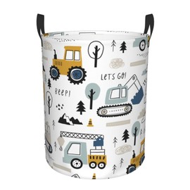 Cartoon Excavator Tractors Laundry Basket Round Laundry Hamper with Handles Waterproof Oxford Fabric Collapsible Dirty Clothes Storage Bucket Gift Storage Basket for Bedroom Dorm Living Room Nursery