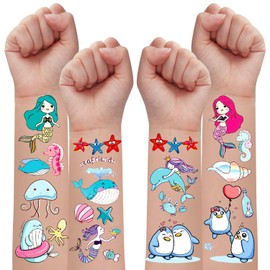 Leesgel Children's Tattoo Sea Animals, Pack of 200 Children's Tattoos, Stickers for Mermaid Birthday Decoration, Party Bags, Children's Birthday Party, Mermaid Ocean Theme Party Accessories, Toy Boys
