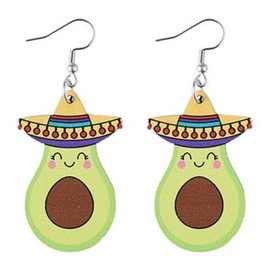 Mexican Cinco De Mayo Earrings Wooden Chili Pinatas Sombrero Cactus Guitar Maracas Dangle Drop Earrings for Women-Avocado