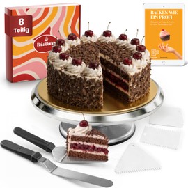 BakeBuddy Professional turntable cake (set) - 30 cm aluminium cake turntable with non-slip base including 2 angled pallets and 3 stainless steel dough scrapers | sturdy rotating cake plate with cake