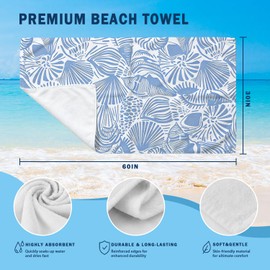 Blue Coastal Seashell Beach Towel 30x60 Inch, Preppy Ocean Conch Shell Oversized Bath Towel Blanket for Women Girls Bathroom Travel Swimming Pool Spa Yoga Camping