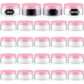 Dandat 24 Pcs 4 oz Plastic Jars with Lid and Label PET Cosmetic Containers Leak Proof Empty Cosmetic Jars Refillable Storage Travel Containers for Lotion Cream Gel Powder(Clear with Pink Lids)