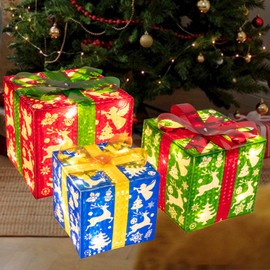 Set of 3 Christmas Lighted Gift Boxes, 60 LED Light Up Present Boxes for Christmas Tree Decorations, Yard Indoor Outdoor Xmas Holiday Decor - Green Red Blue