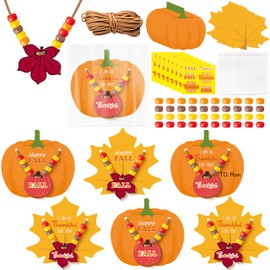 BeYumi Fall Beads Necklace Craft - 24Pcs DIY Fall Thankful Pumpkin Maple Leaves Wooden Pendant Necklace with Greeting Card Thanksgiving Gratitude Charms Kit for Kid Autumn School Classroom Party Favor