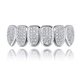 JINAO Grillz Grills for Your Teeth Simulated Diamond Teeth Grillz with Extra Molding Bars Included 18K Gold Plated All Iced Out Cubic Zirconia Golden Teeth for Men Women (Silvery Bottom Teeth)