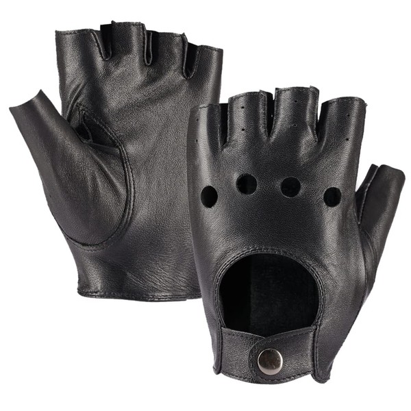 MGGMOKAY Mens Fingerless Leather Driving Gloves Half Finger Sheepskin Unlined