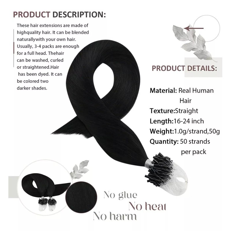 Moresoo Extensiones Cabello Humano 50gr 14in #1b Off Negro