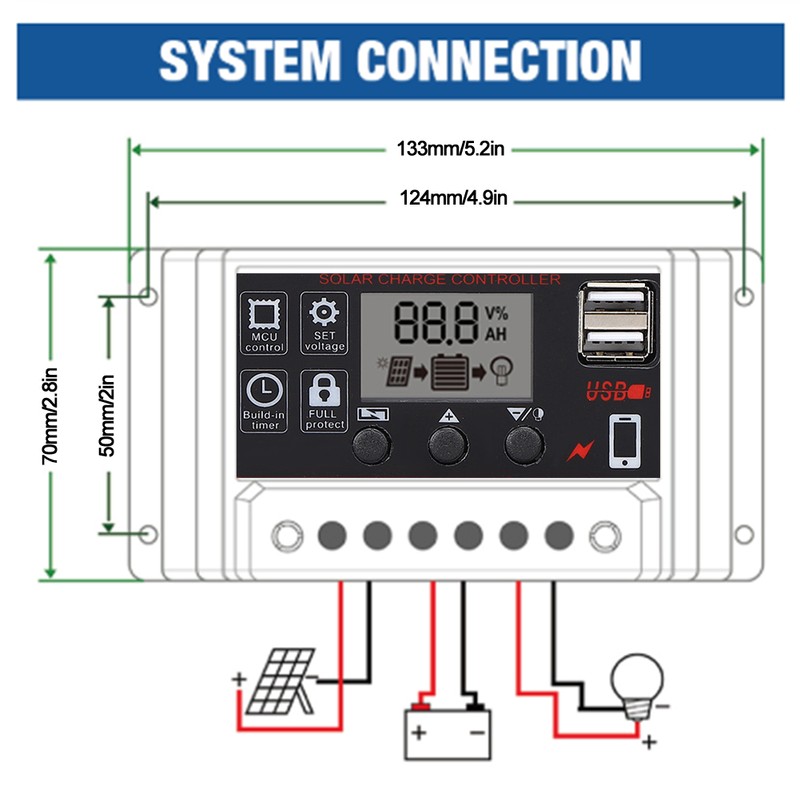 LCD Solar Charge Controller 5V /2.5A Dual USB PWM Cell