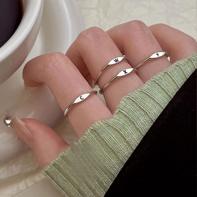 Silver Initial Rings for Women Adjustable Letter Ring Stackable Initial