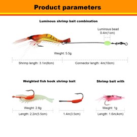 WOLFSKIN Fishing Lure Kit Soft Fishing Bait Set 3.6in Plastic Shrimp Multiple Sizes with Hook Night Light Jumping Lure for Bass Trout Walleye Crappie Freshwater Saltwater