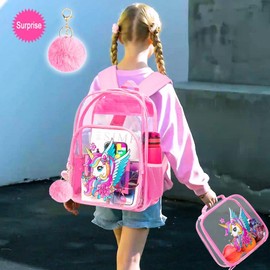 ZLYERT 3PSC Pink Clear Backpack, 16" Heavy Duty Transparent Bookbag for Girls Women, Large See Through PVC School Backpacks with Lunch Box(Pink Unicorn)