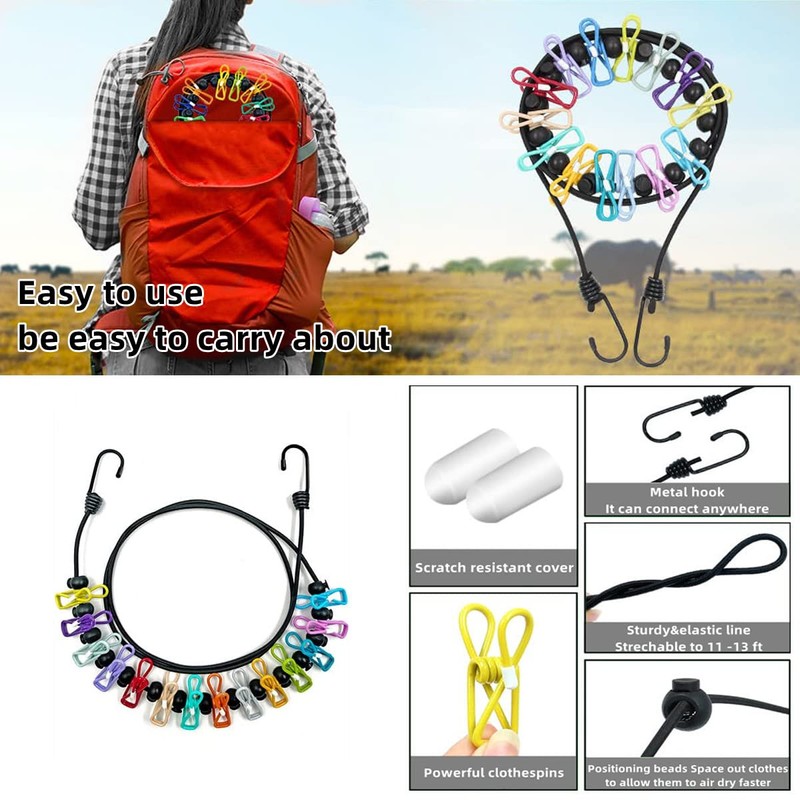 Clothesline，Retractable Portable Clothesline for Travel，Clothing line with 12 Clothes Clips，for