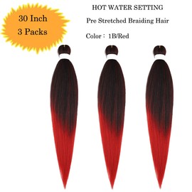 Pre Stretched Braiding Hair Extensions 3 Packs 30 Inch Black to Red Ombre Braiding Hair Synthetic Braids Hair Extension for Women Hot Water Setting(30Inch,1BRed)