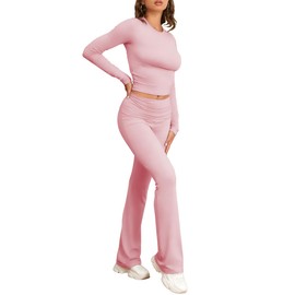 Famulily Women's Casual Suit 2-piece Set Fold-over Flare Pants and Outfit Basic Long Sleeve Crop Top Pink L